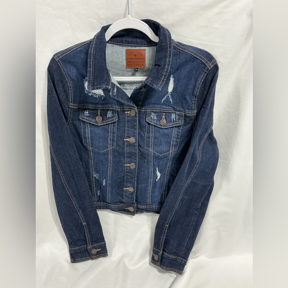 ENJEAN Destructed Denim Jacket - Dark Wash - Size L